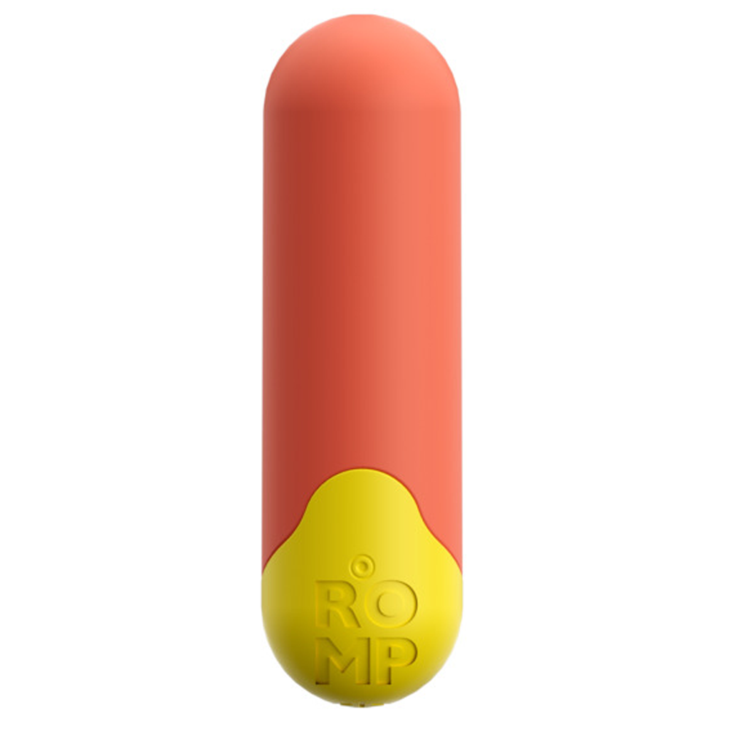 A red bullet vibrator with a yellow base and ROMP logo.