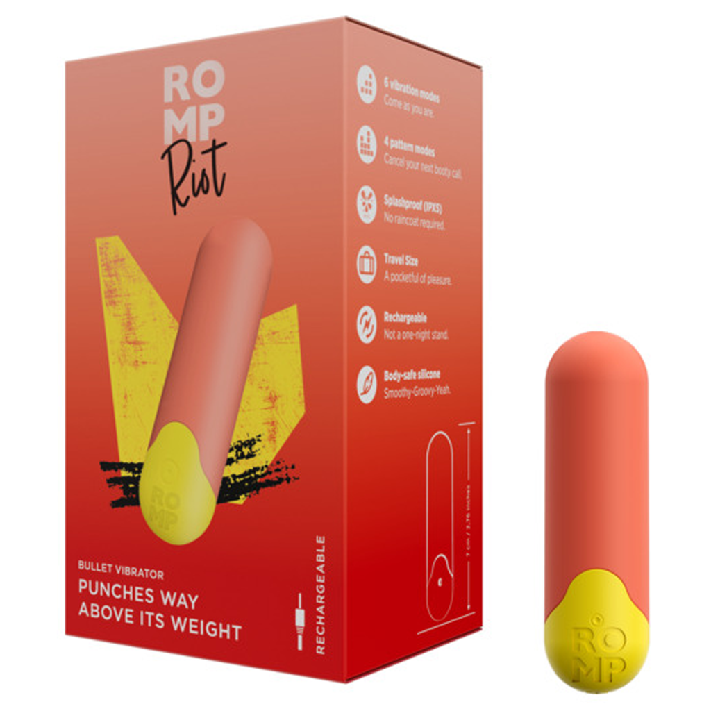 A coral and yellow bullet vibrator with "ROMP Riot" branding.