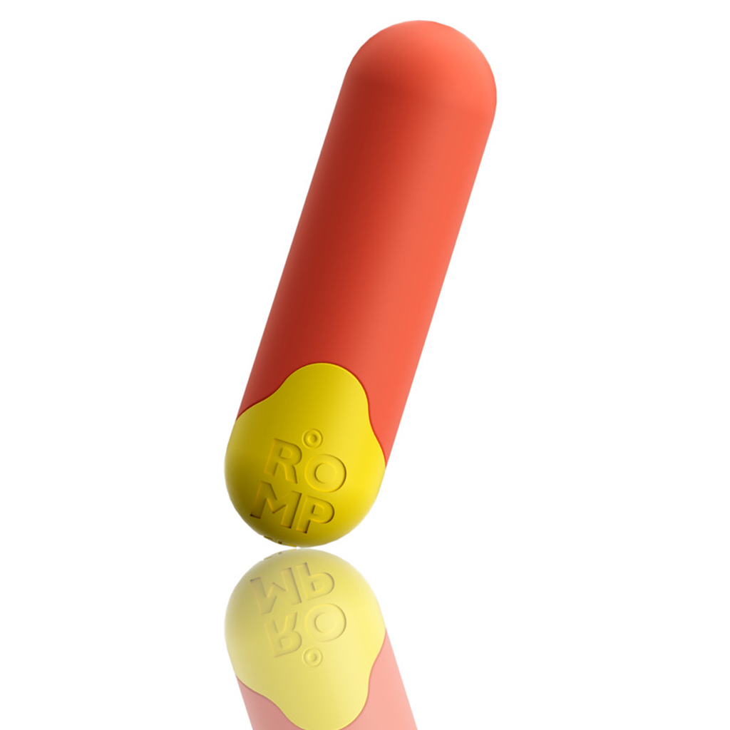 Red and yellow bullet vibrator with ROMP logo.
