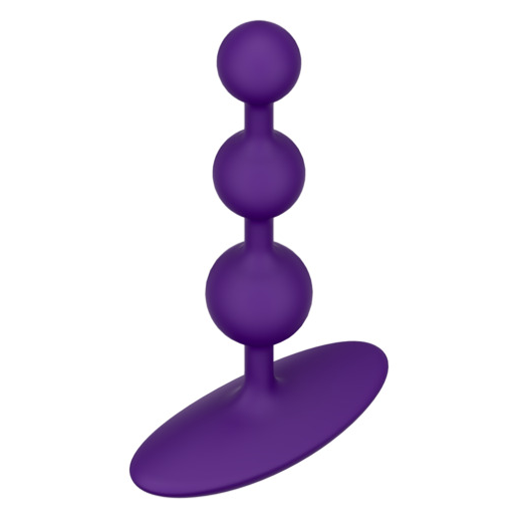Dark purple flexible silicone anal beads with a flared base.