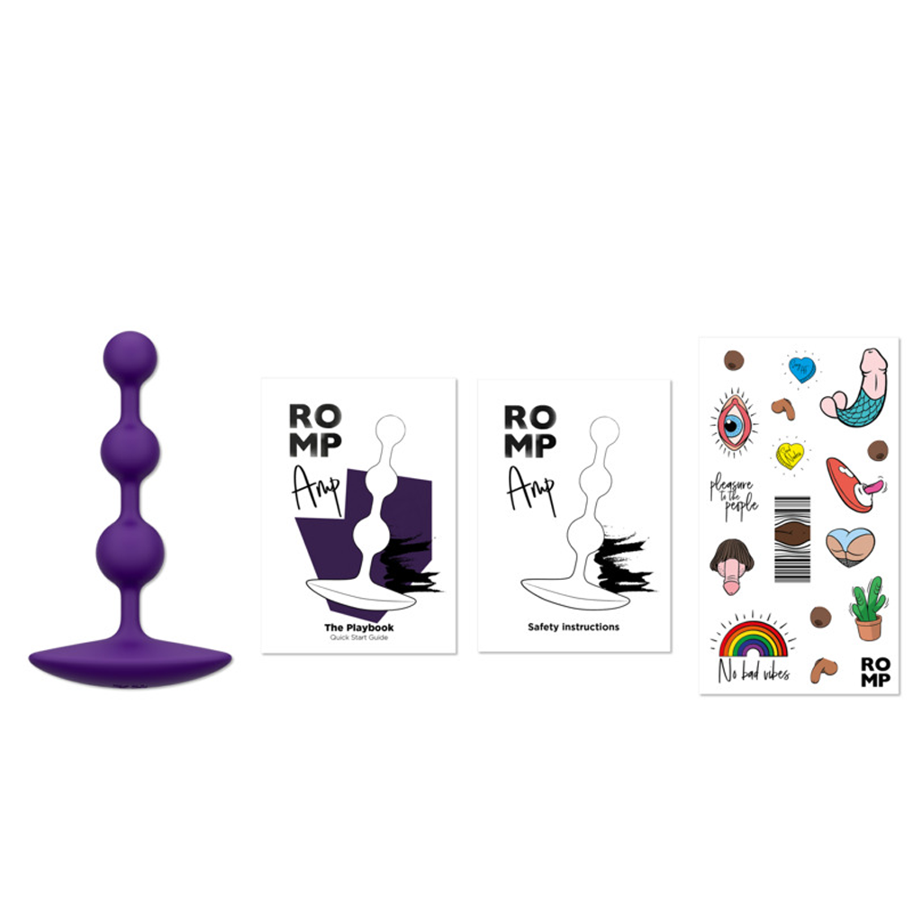 Dark purple flexible silicone anal beads with instructions and stickers.
