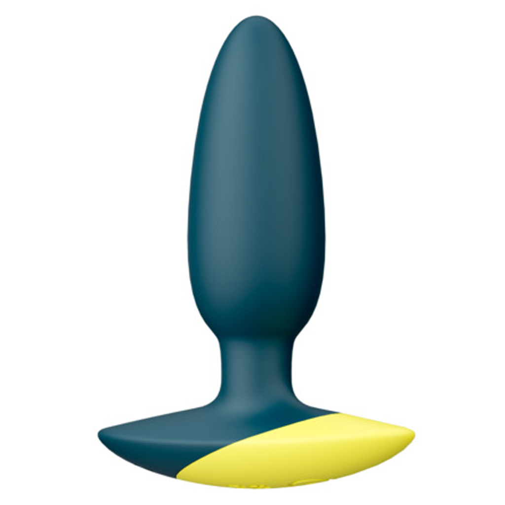 Dark green and yellow vibrating anal plug made of silicone.