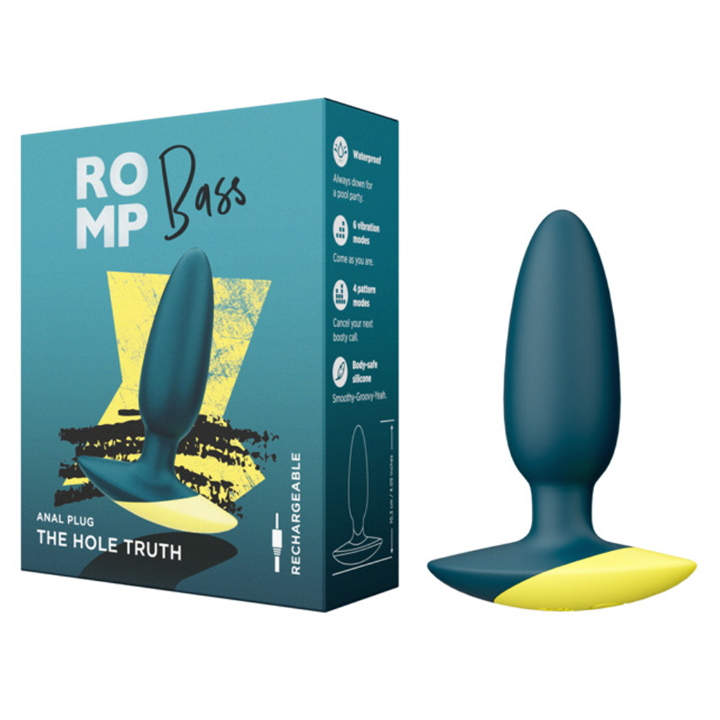 A teal and yellow vibrating anal plug with a flared base, shown next to its packaging.