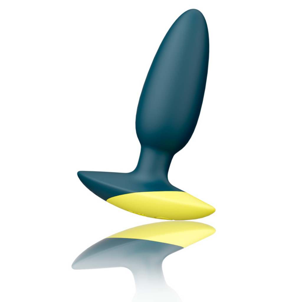 Dark green and yellow vibrating anal plug with a flared base.