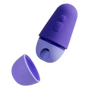 Purple and light purple clitoral stimulator with a detached cap.