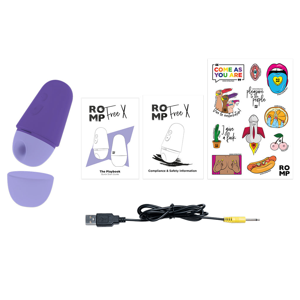 Purple and lavender clitoral stimulator with USB cable and product guides.