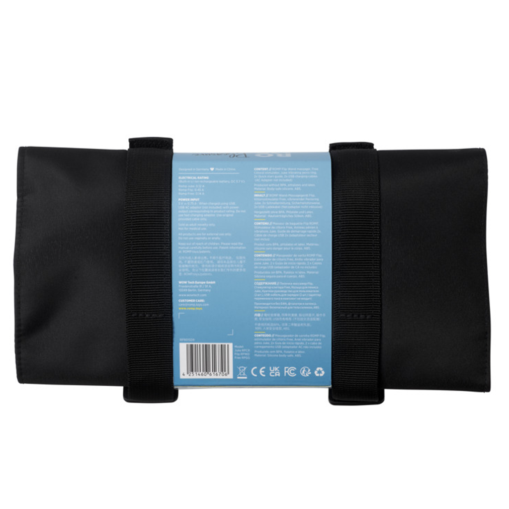 A black fabric pouch with a label showing product information and certifications.