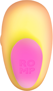 Yellow and pink clitoral suction stimulator with ROMP logo.