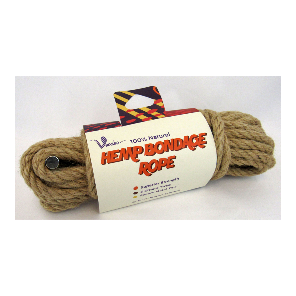 A coil of natural hemp bondage rope with a Voodoo label.