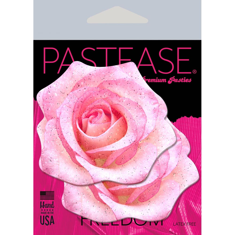 Pink glitter velvet rose nipple pasties with a USA flag and "Hand Made" label.