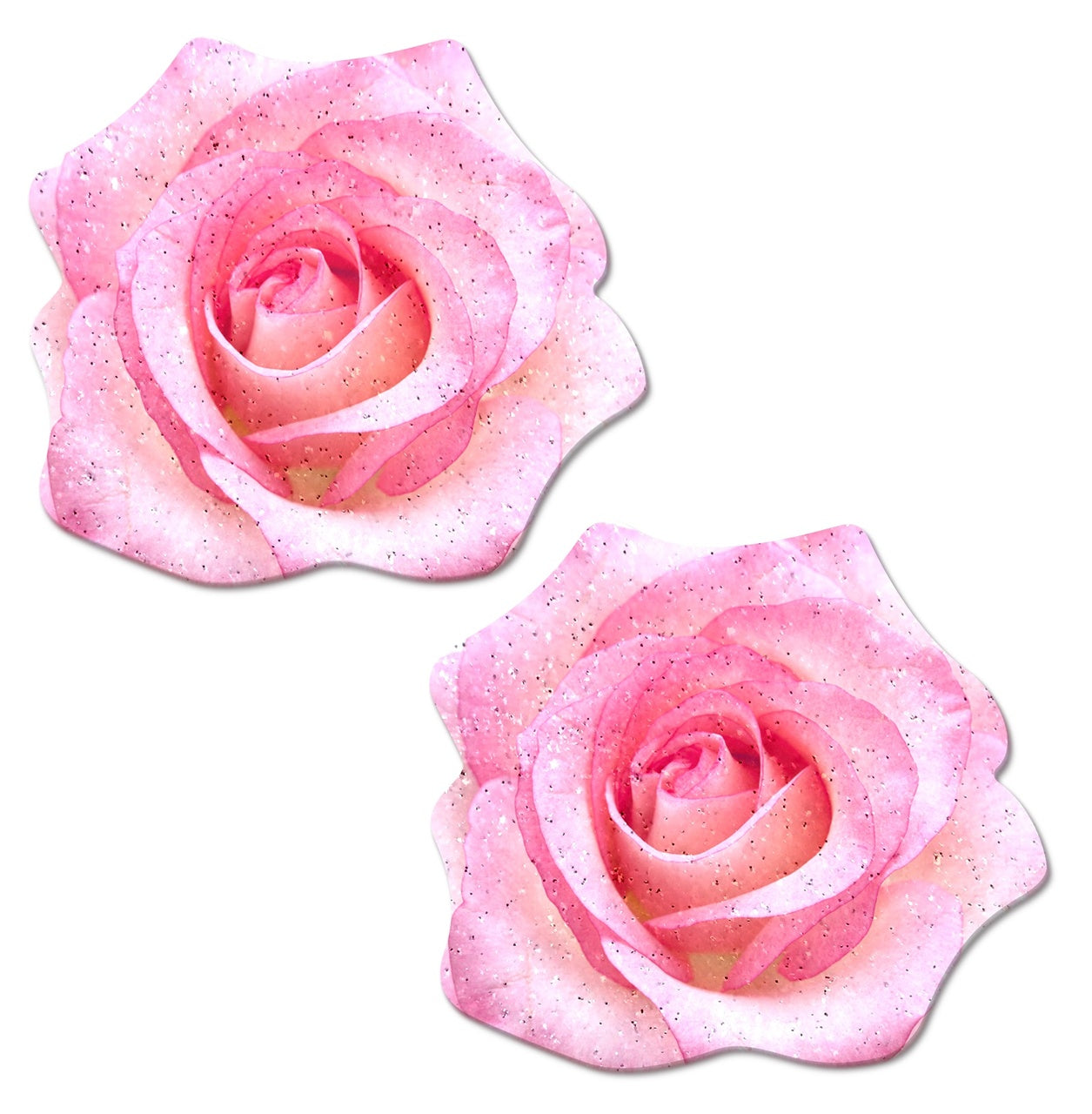 Two pink glitter velvet rose nipple pasties on a white background.