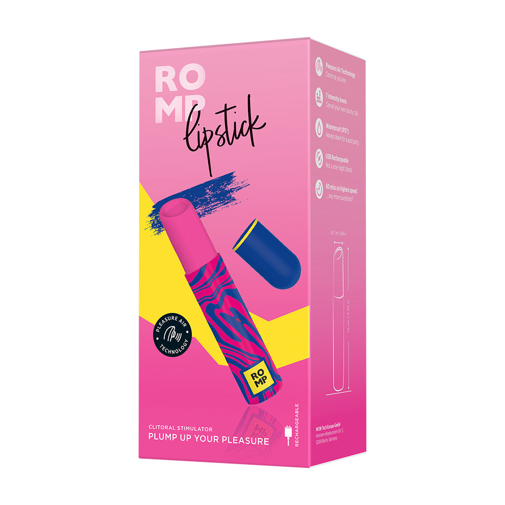 ROMP Lipstick clitoral stimulator in pink with blue and black pattern, with cap.