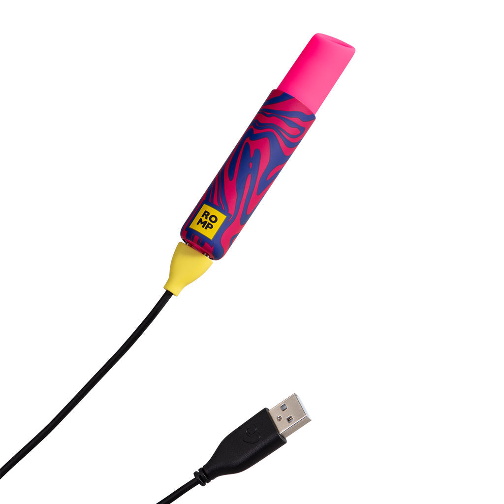 A pink and blue patterned clitoral stimulator with a USB cable.