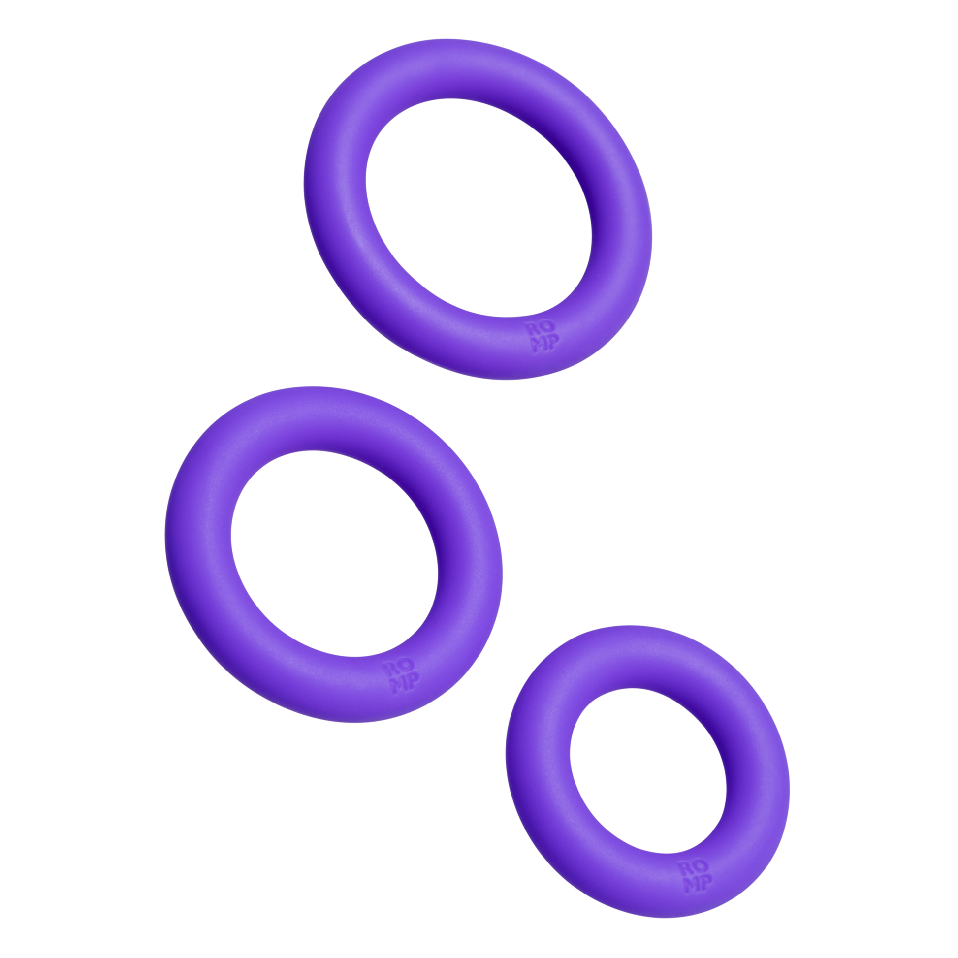 Three purple silicone penis rings with ROMP branding.