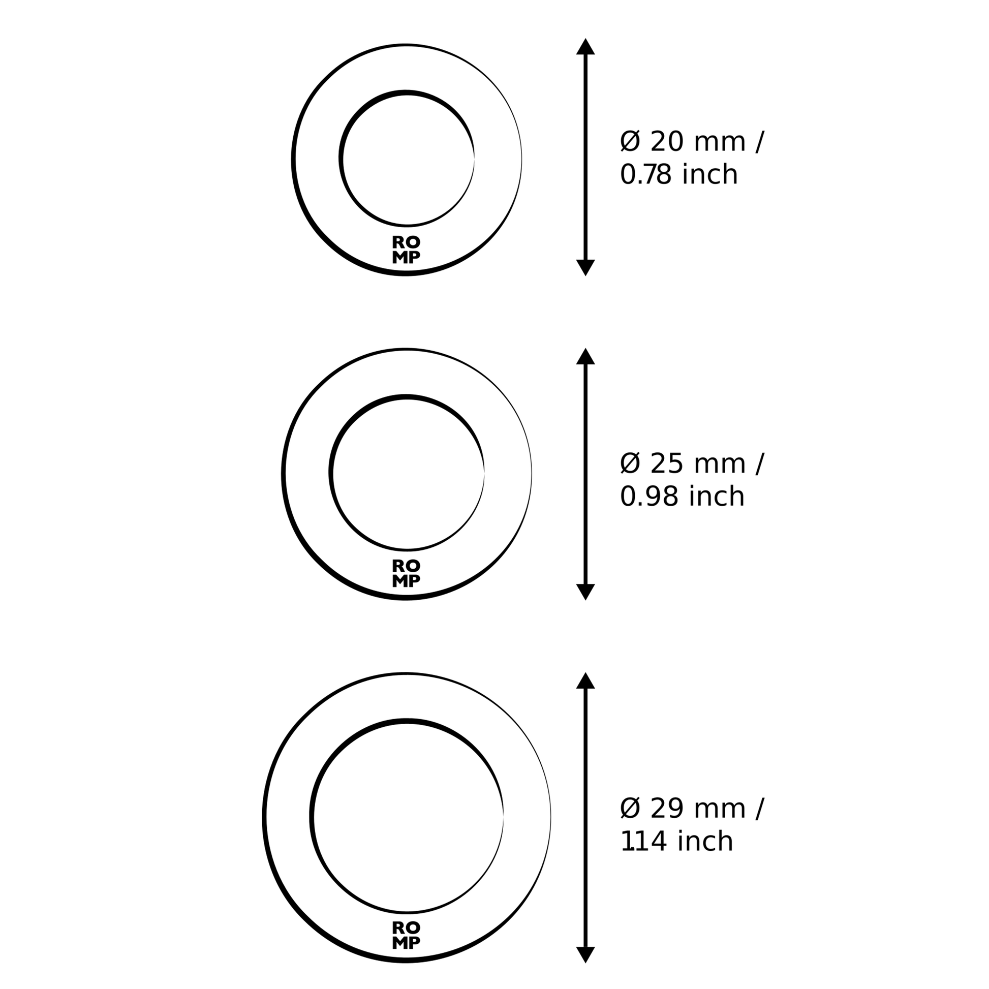 Three silicone penis rings with diameters of 20mm, 25mm, and 29mm.
