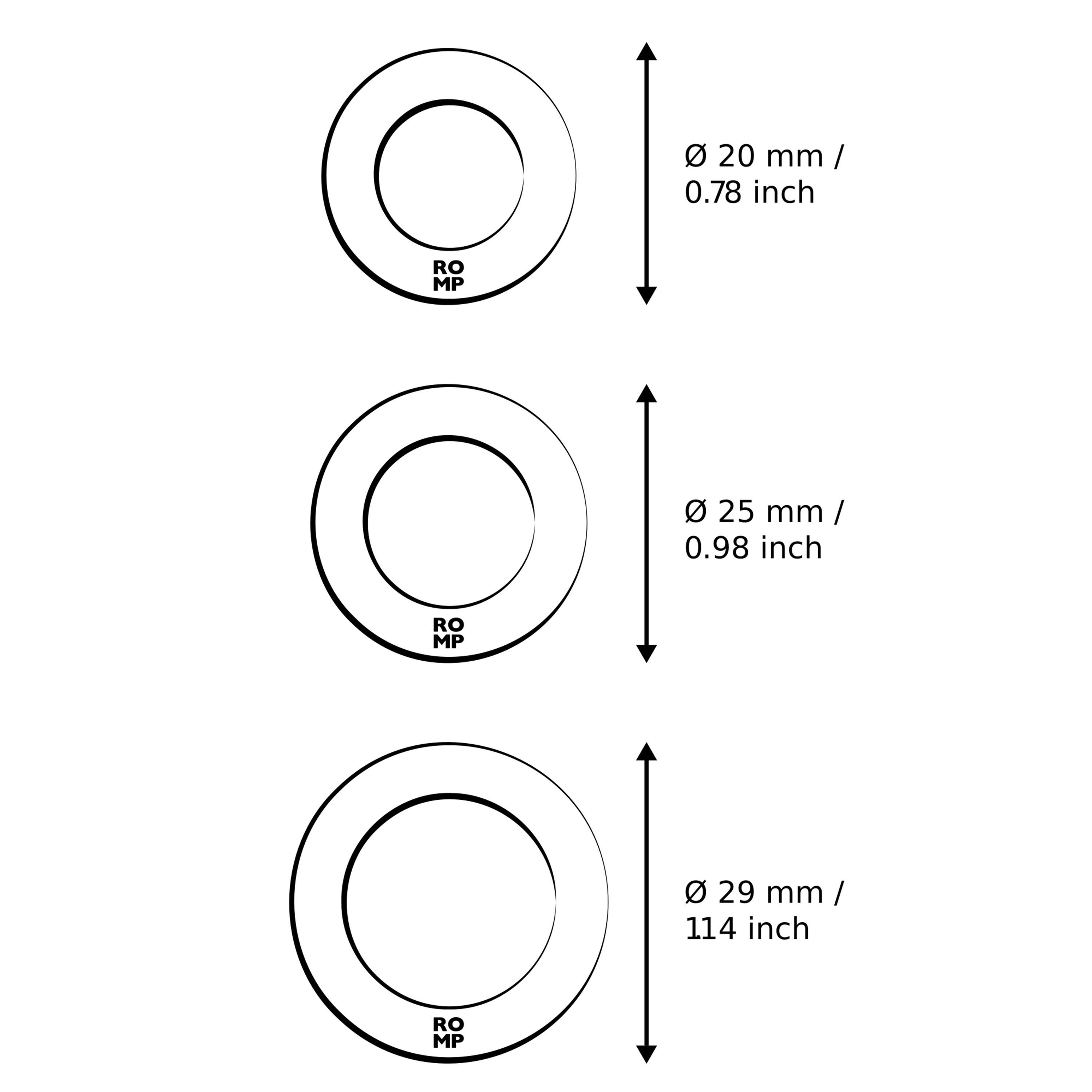 Three silicone penis rings with diameters of 20mm, 25mm, and 29mm.