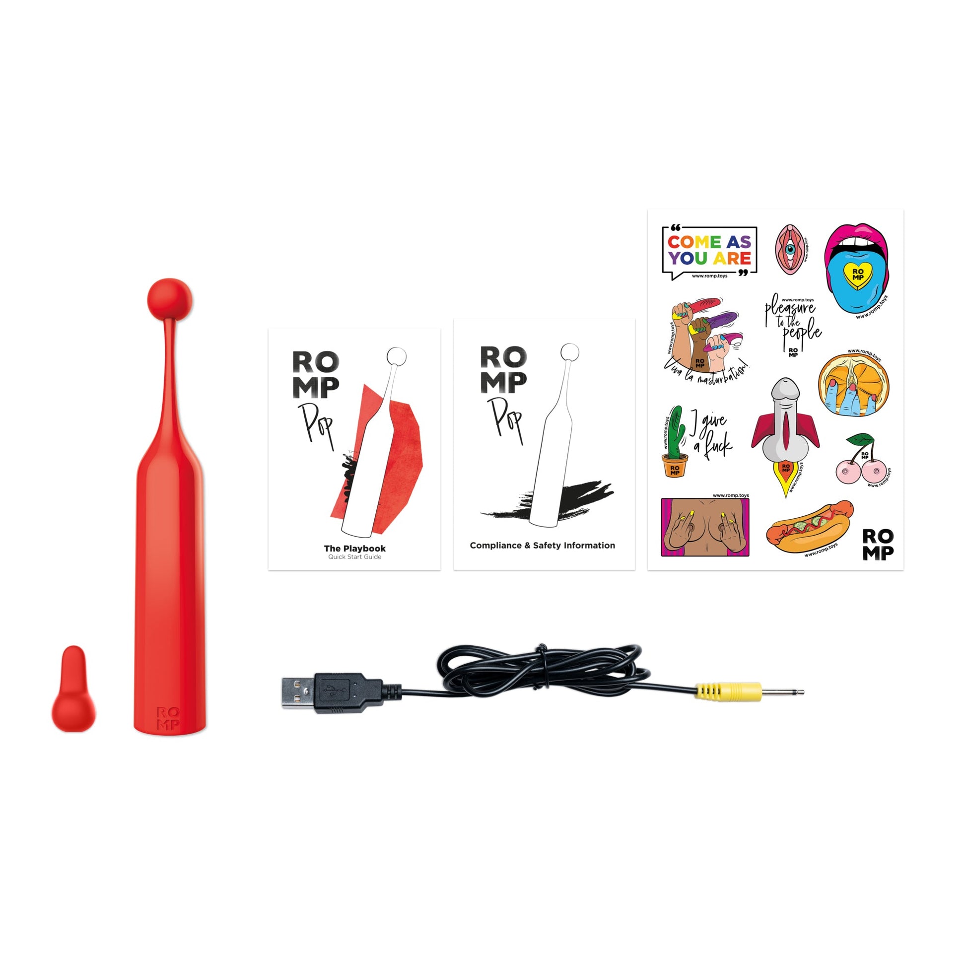 Red rechargeable clitoral stimulator with two heads and a USB charging cable.