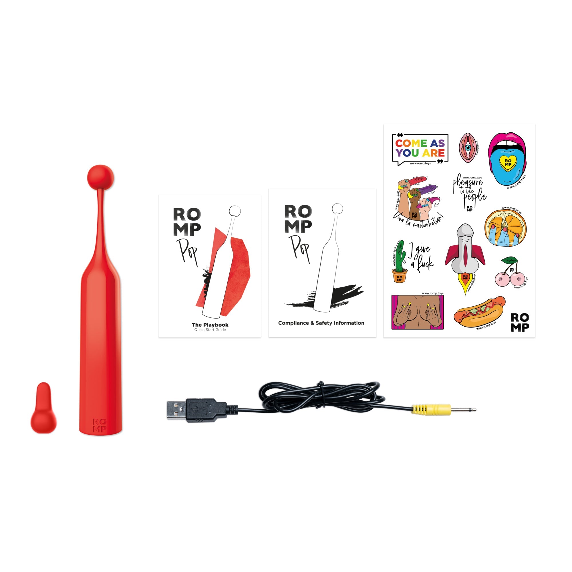 Red rechargeable clitoral stimulator with two heads and a USB charging cable.