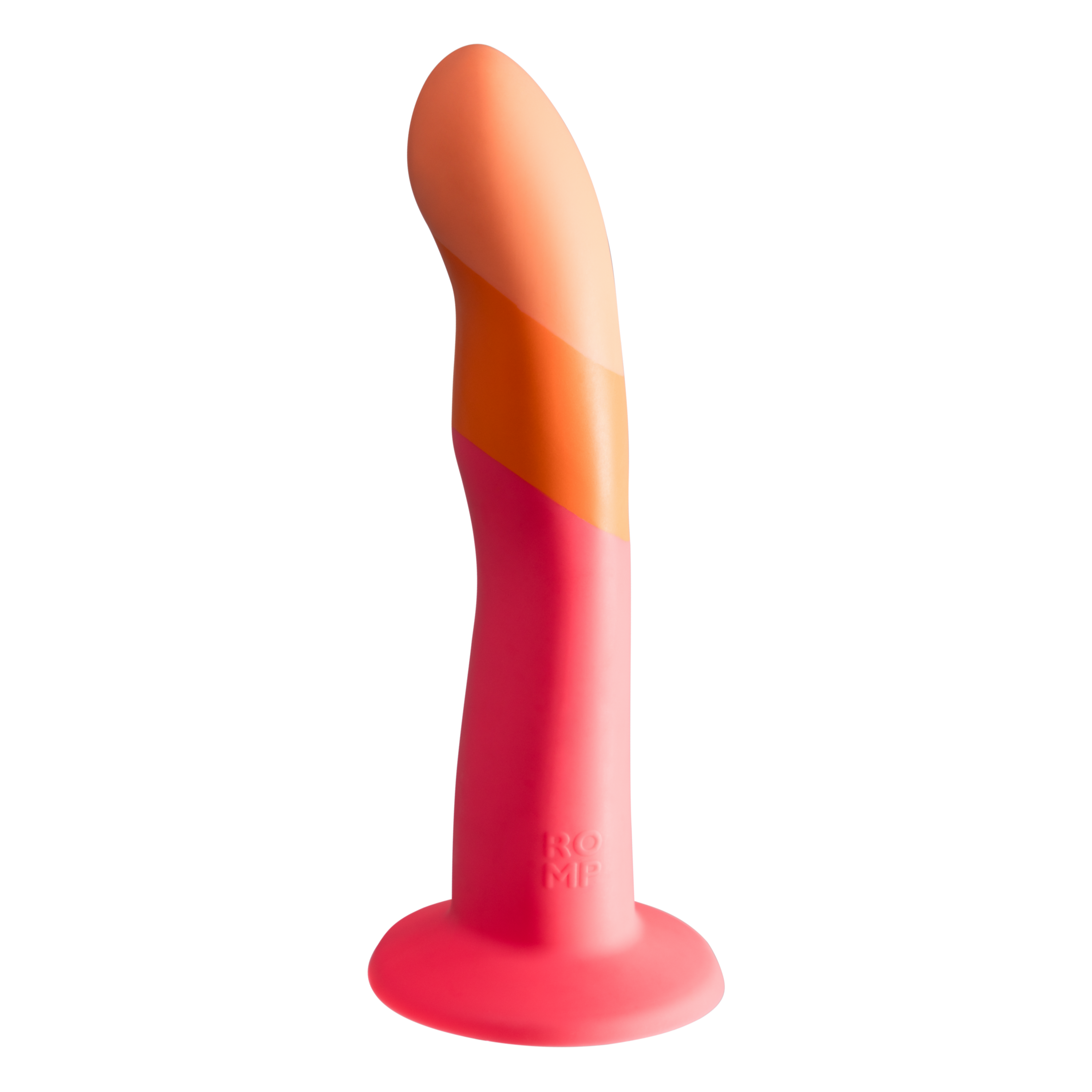 Curved silicone dildo in pink, orange, and peach with a flared base.