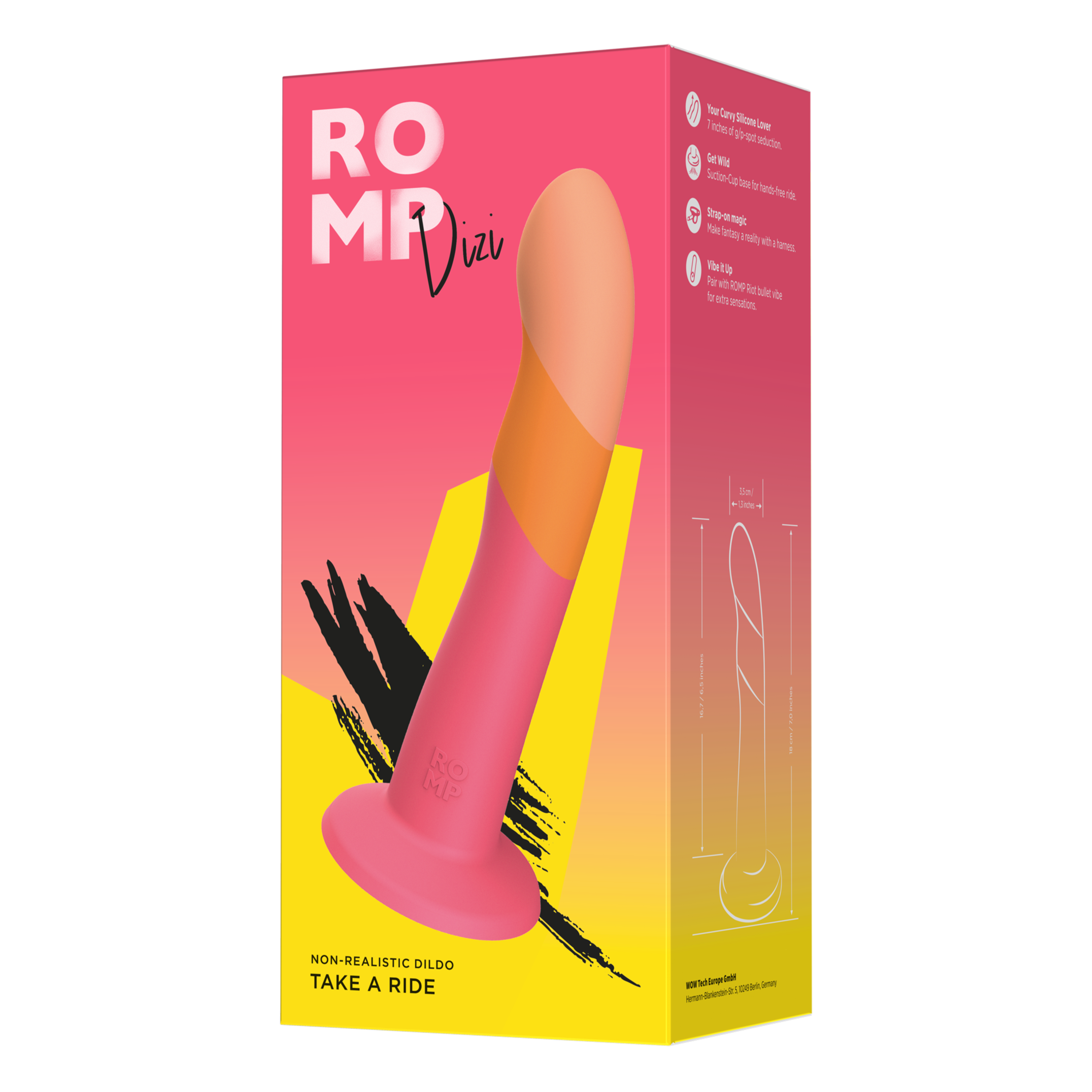 ROMP Dizi red curved silicone dildo with a flared base.
