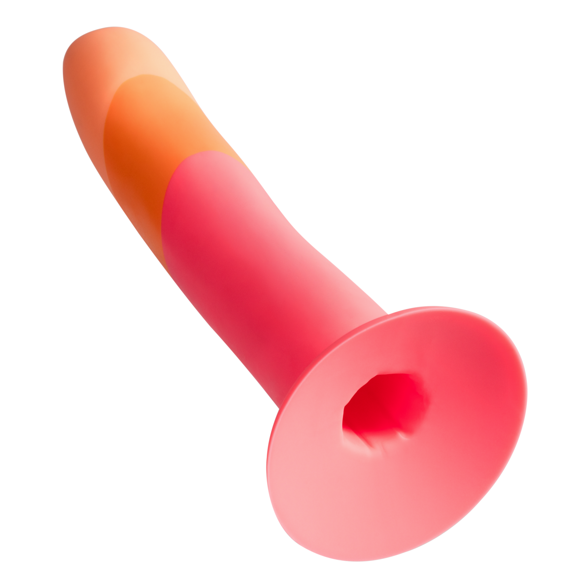 Curved silicone dildo with a flared base in gradient shades of orange and pink.