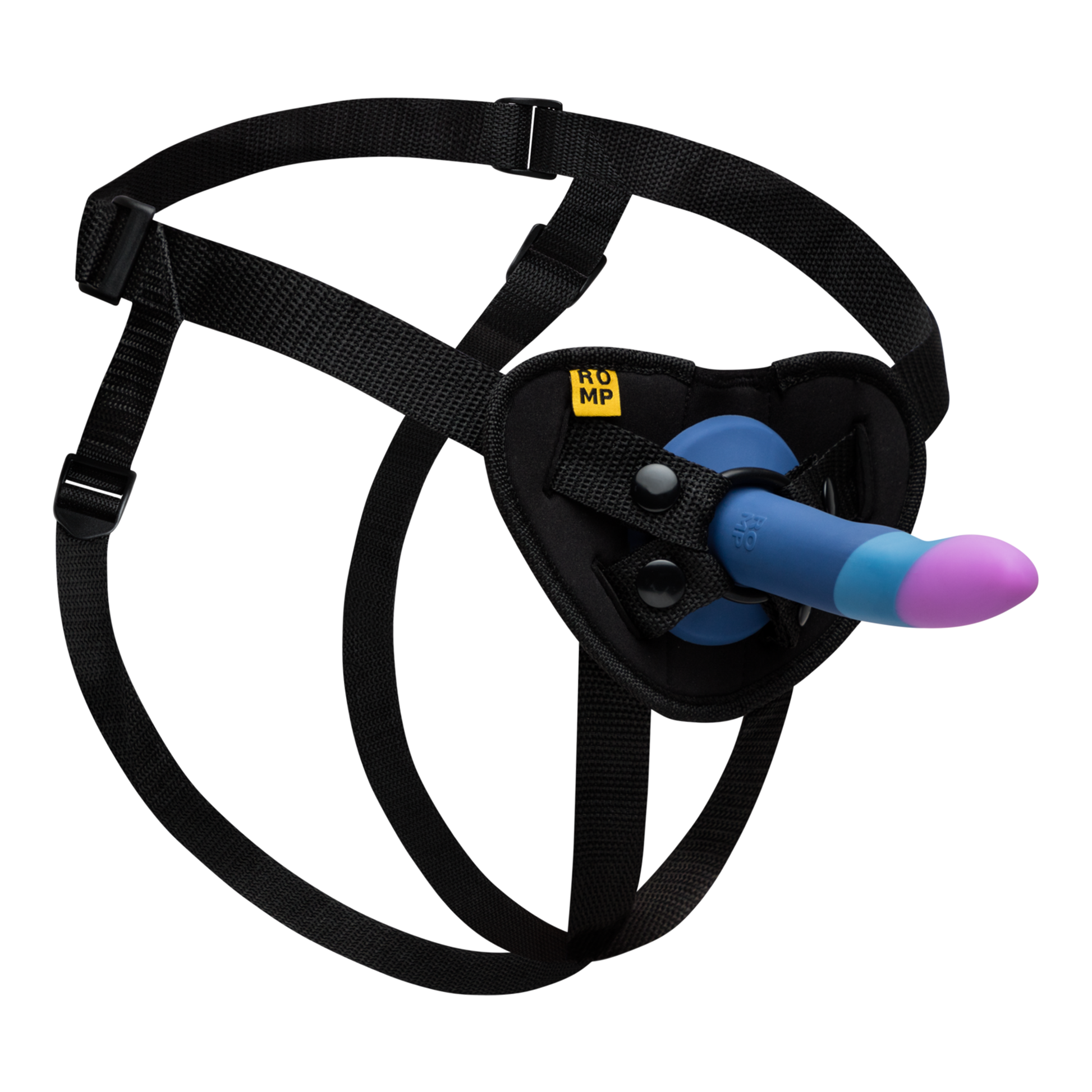 A black harness with a multi-colored silicone dildo attached.
