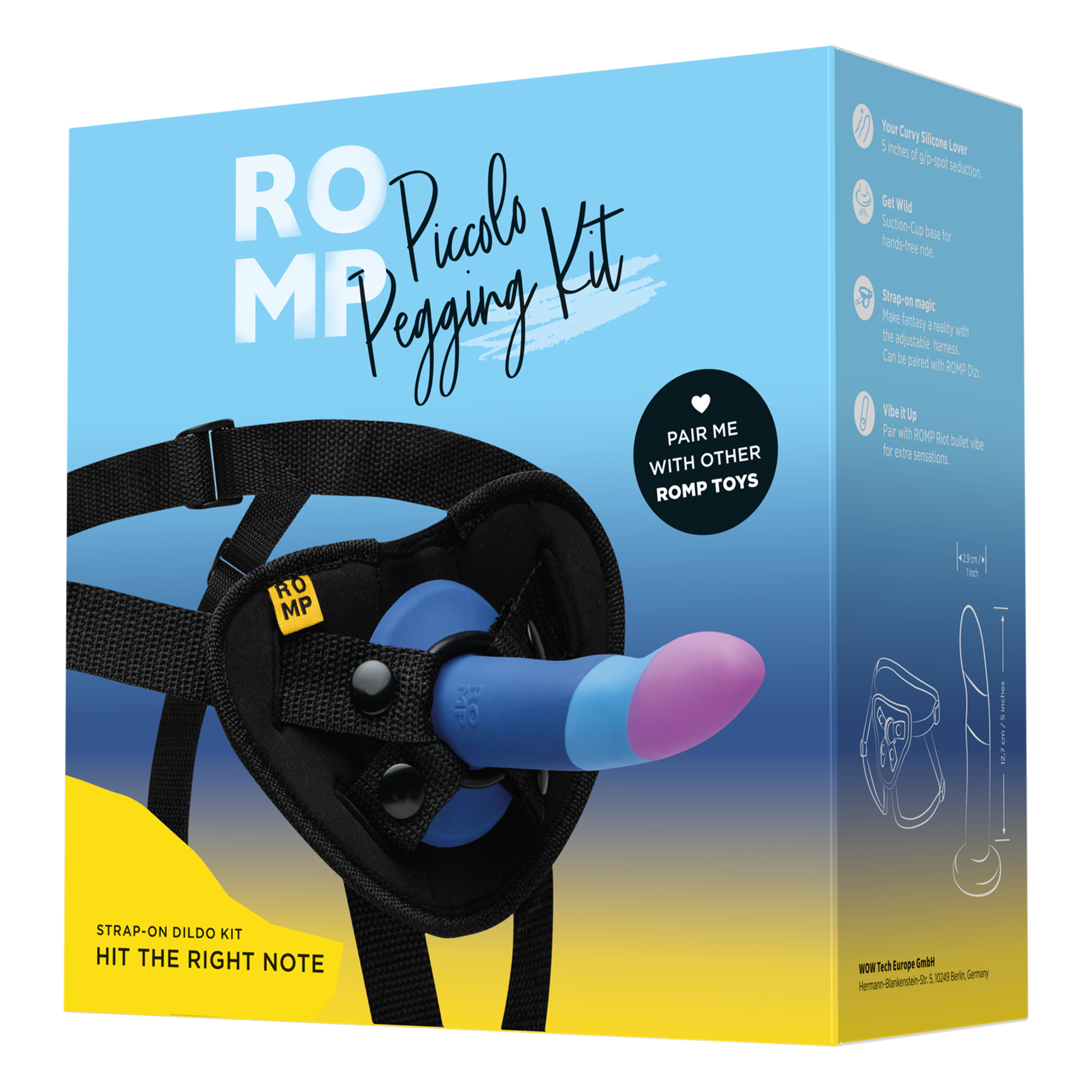 ROMP Piccolo Pegging Kit with a blue and pink silicone dildo and black harness.