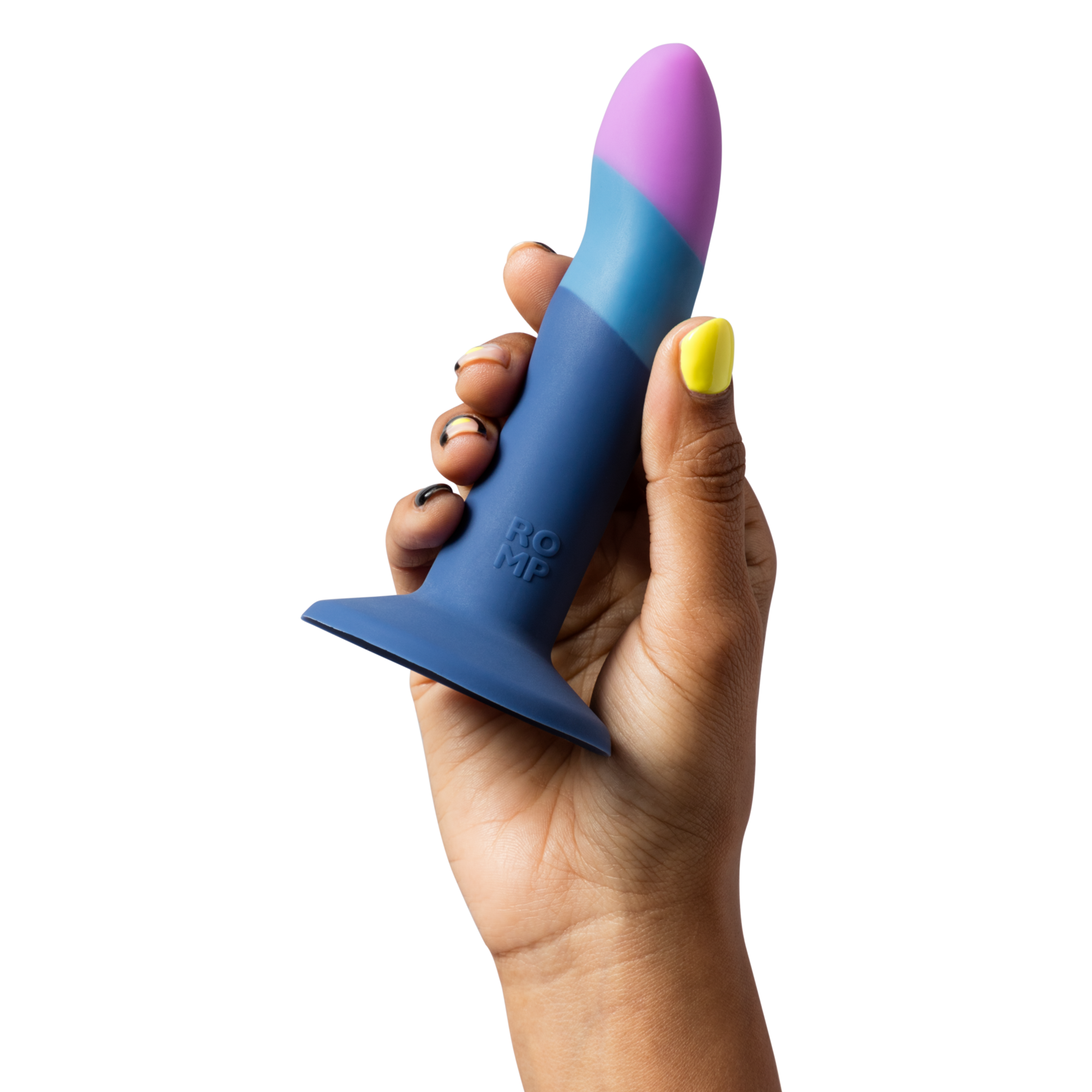 A hand holds a blue, purple, and teal silicone dildo with a flared base.
