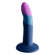 A curved, tri-colored silicone dildo with a flared base and ROMP logo.
