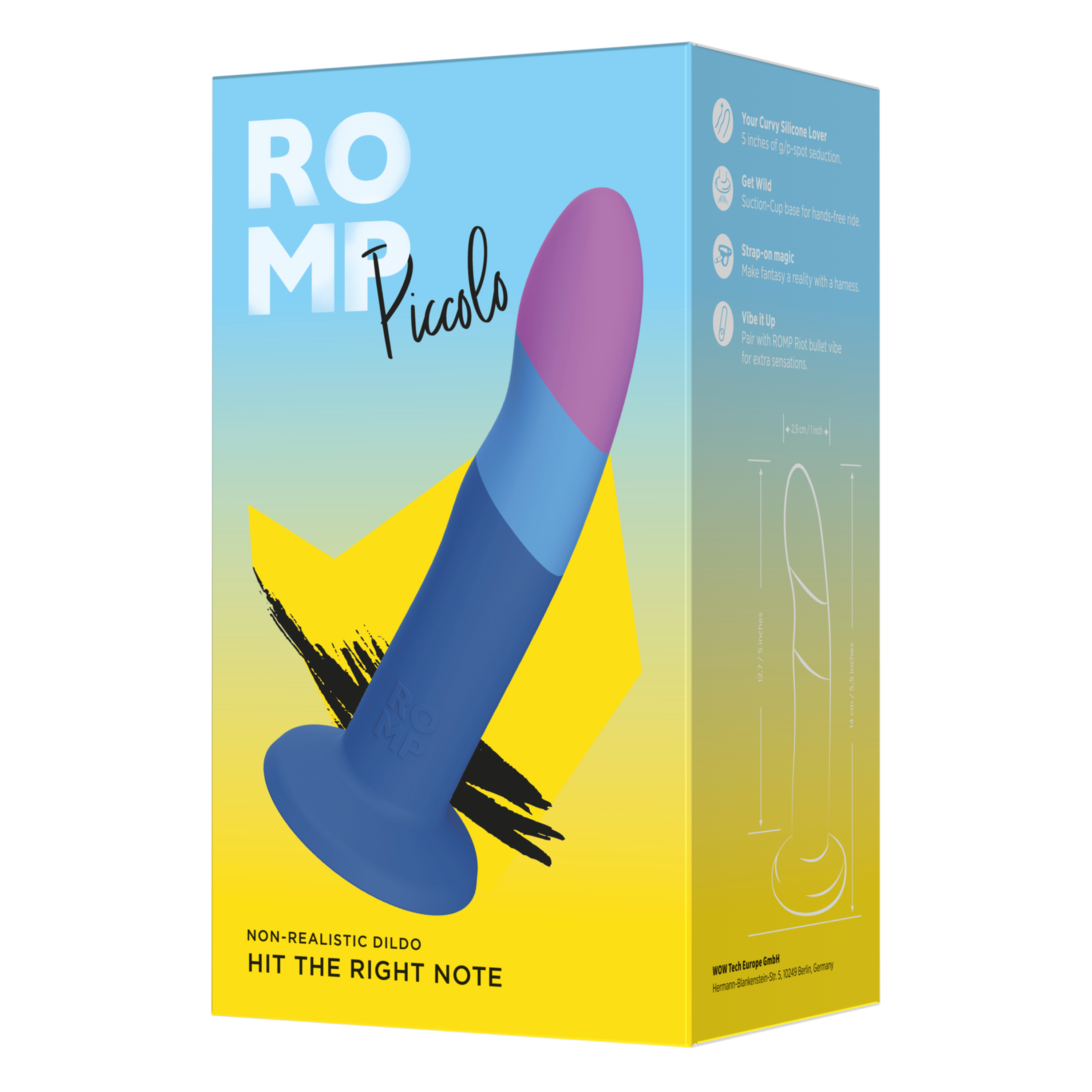 ROMP Piccolo silicone dildo with a flared base and dual color design.