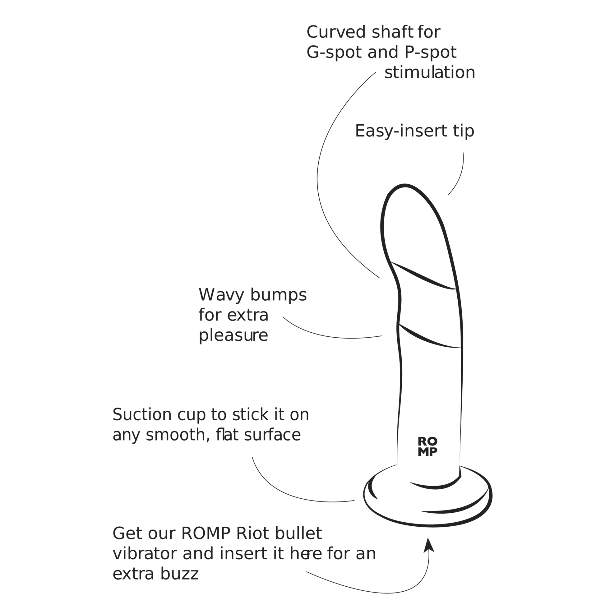 Curved silicone G-spot dildo with flared base and suction cup.