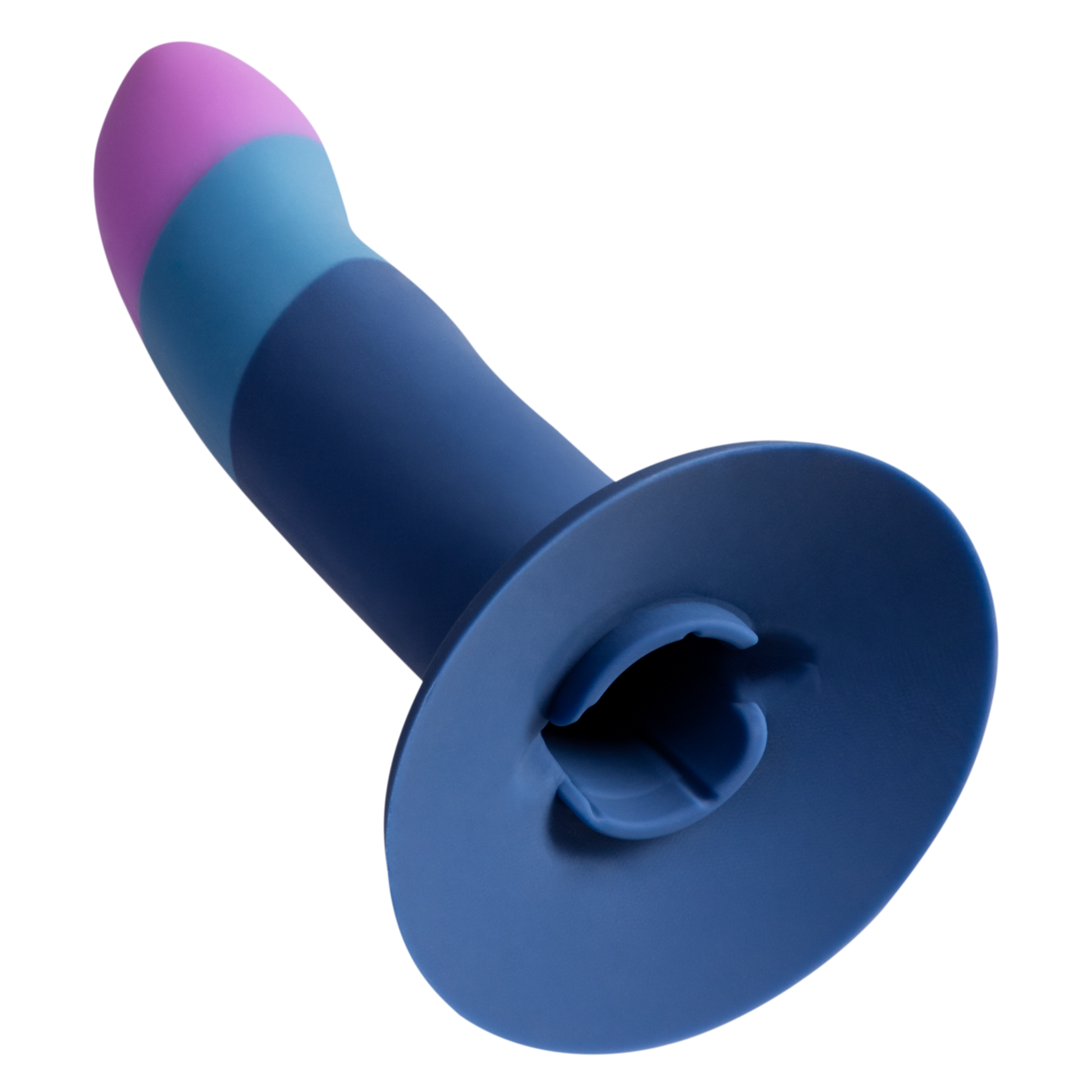 Silicone G-spot dildo with a flared base in blue and purple.