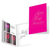 A bachelorette gift set with a pink card featuring "Same Penis Forever" and an open booklet with product samples.