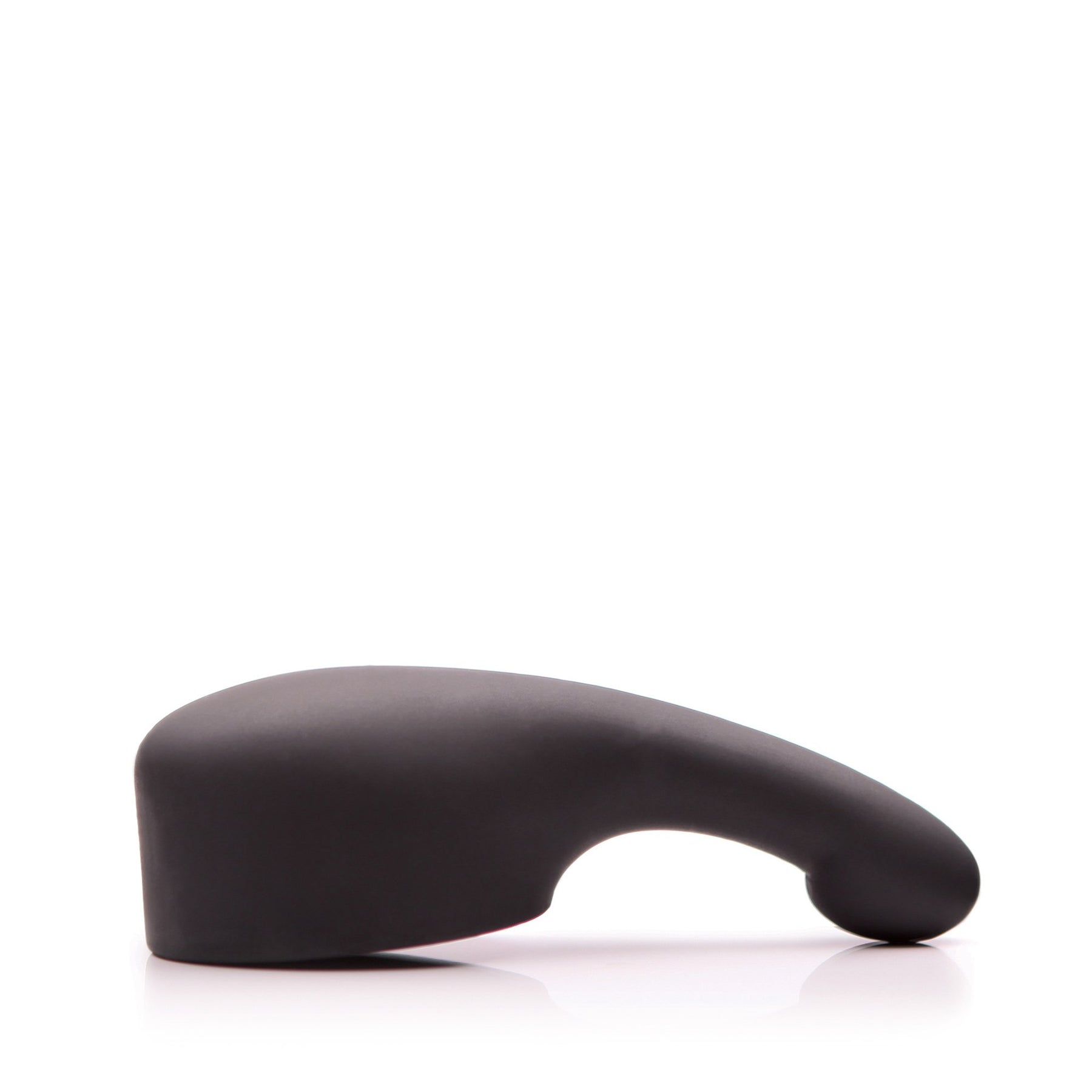 A black silicone spoon-shaped attachment for a vibrator.