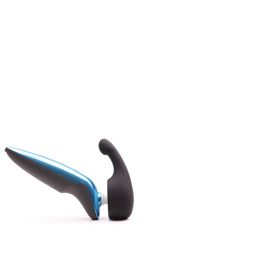 Blue and black silicone attachment with a curved head.