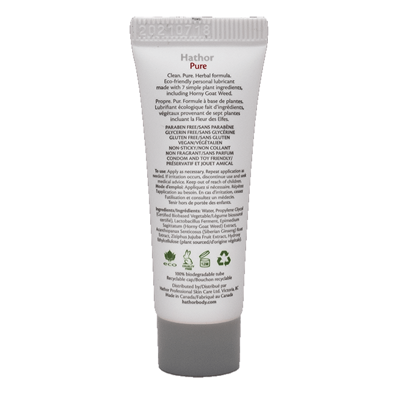 Hathor Pure water-based lubricant in a small tube with ingredient and usage information.