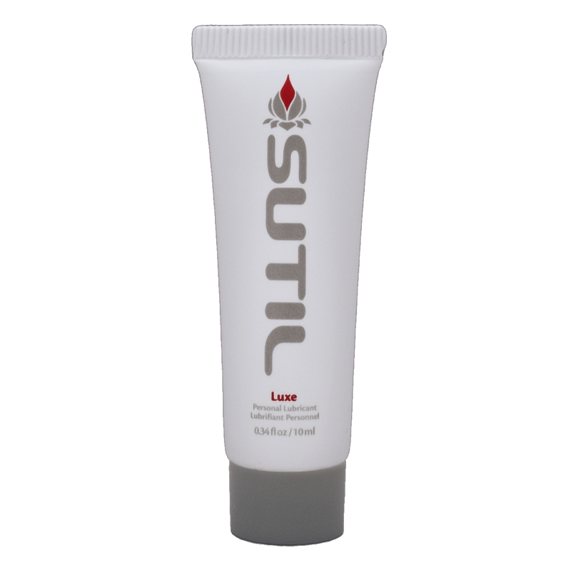 Sutil Luxe personal lubricant sample tube with logo and text.