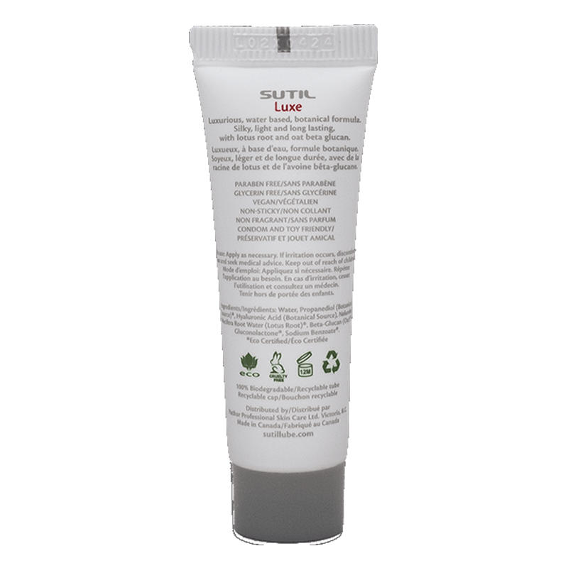 Sutil Luxe water-based personal lubricant sample tube with ingredient and usage information.