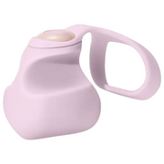 A pink silicone finger vibrator with a loop handle and a light pink button.