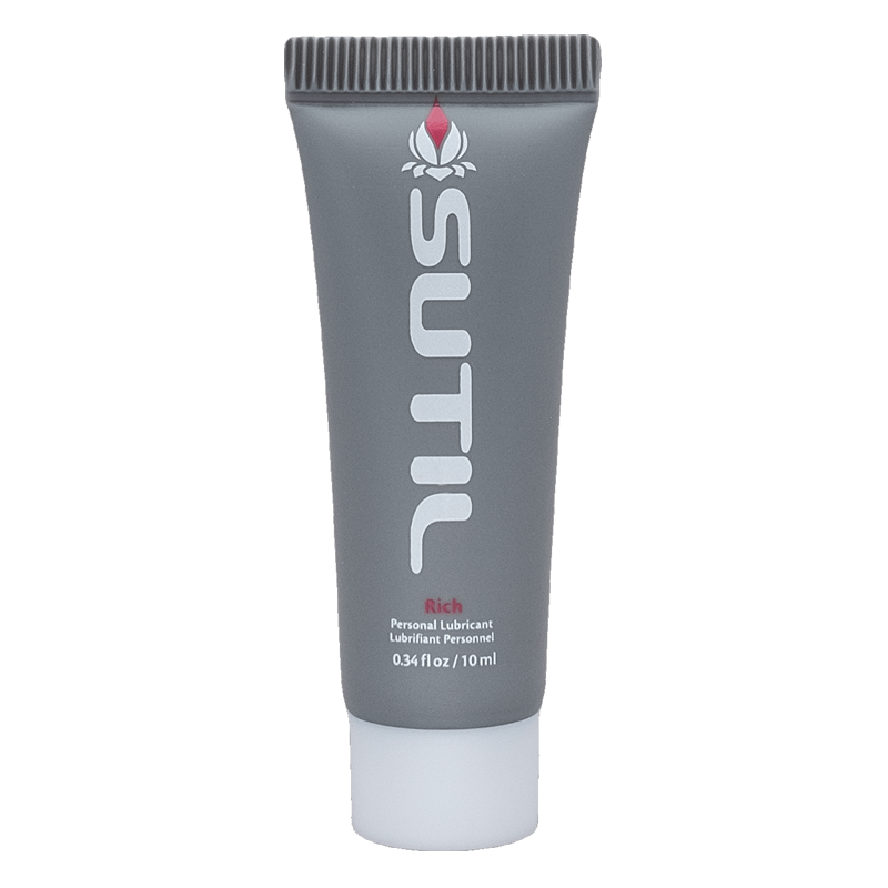 A gray tube of Sutil Rich personal lubricant with a white cap.