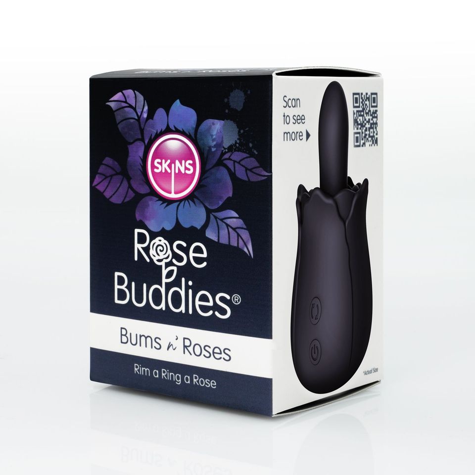 A black rose-shaped anal rimming toy with two buttons on the side, shown on its packaging.