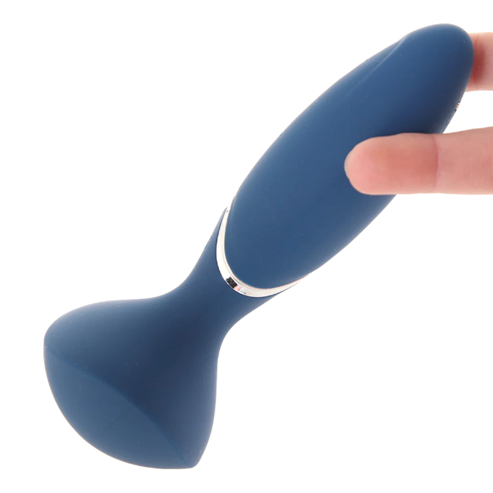 Blue silicone mini wand massager with a silver band.