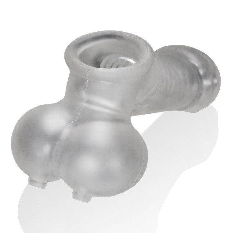 Clear textured masturbation sleeve with a dual ballsling design.