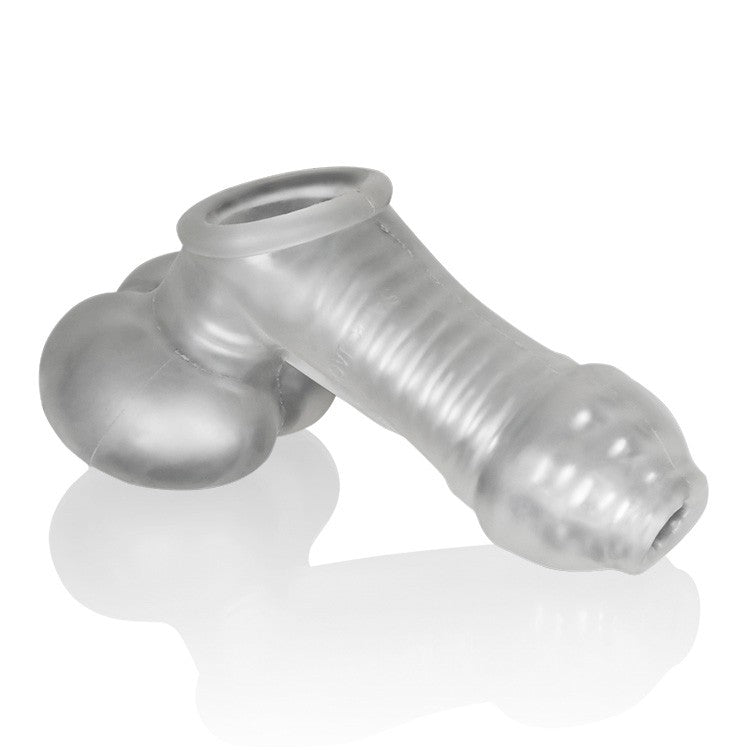Clear textured masturbation sleeve with integrated ballsling.