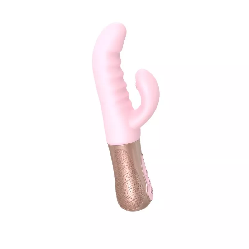 Pink rabbit vibrator with thrusting shaft, tapping clitoral stimulator, and gold base.