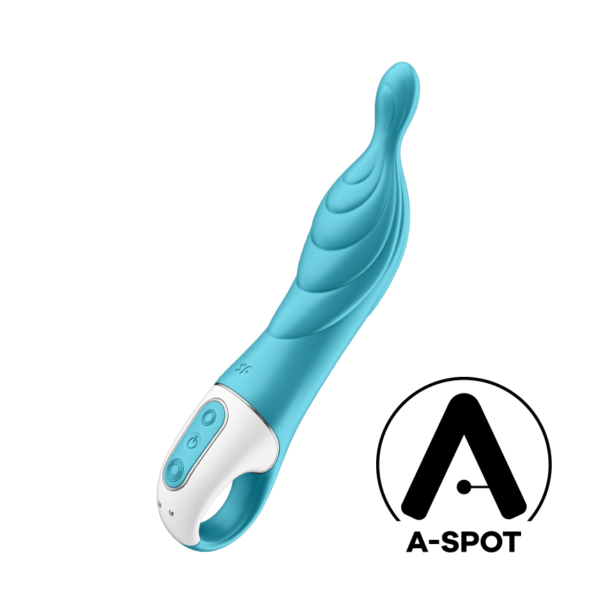 A blue and white A-Spot silicone vibrator with textured ridges and a loop handle.