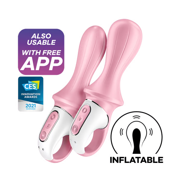 Two pink and white app-controlled anal vibrators with CES Innovation Awards.