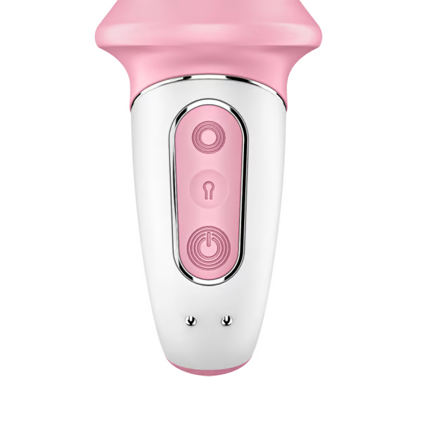 Pink and white vibrator with three buttons and two small silver dots.