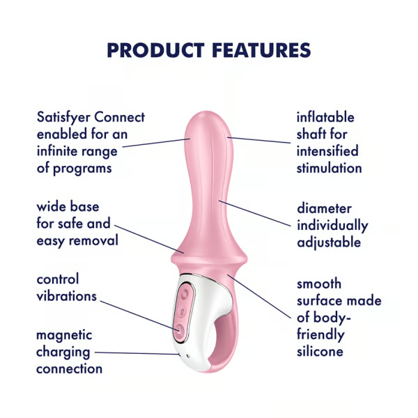 Pink and white vibrator with features labeled: inflatable shaft, adjustable diameter, smooth silicone, magnetic charging, control vibrations, wide base, and app control.