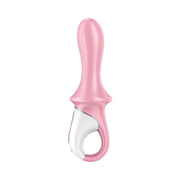 Pink and white inflatable anal vibrator with a curved tip.